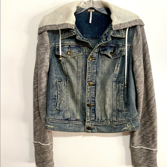 Free People Medium Wash Hooded Jean Jacket
